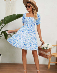 Square Neck Floral Print Chiffon Short Sleeve Loose Dresses