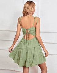 Solid-color Plain Strap Backless High Waist Pleated Short Cami A-Line Dresses