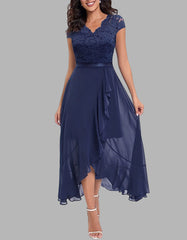Solid-color V Neck Short Sleeve Lace High Waist Asymmetrical Long A-Line Dresses