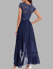 Solid-color V Neck Short Sleeve Lace High Waist Asymmetrical Long A-Line Dresses