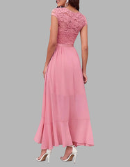 Solid-color V Neck Short Sleeve Lace High Waist Asymmetrical Long A-Line Dresses