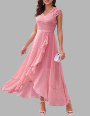 Solid-color V Neck Short Sleeve Lace High Waist Asymmetrical Long A-Line Dresses