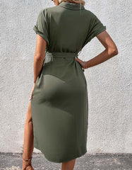 Plain Lapel Button Front Belted Pocket Slits Long Dresses