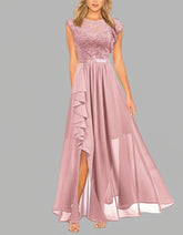 Solid-color Round Neck Lace Slits Asymmetrical Long High Waist Evening Dresses