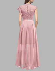Solid-color Round Neck Lace Slits Asymmetrical Long High Waist Evening Dresses