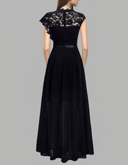 Solid-color Round Neck Lace Slits Asymmetrical Long High Waist Evening Dresses