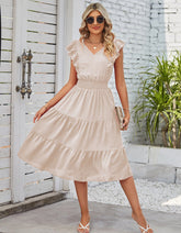 Plain V Neck Flutter Sleeve Pleated Long A-Line Dresses