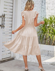 Plain V Neck Flutter Sleeve Pleated Long A-Line Dresses