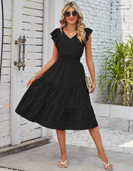Plain V Neck Flutter Sleeve Pleated Long A-Line Dresses