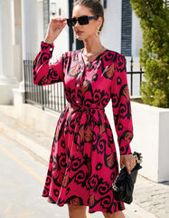 Paisley Printed V Neck Long Sleeve Ruffle Midi A-Line Dresses