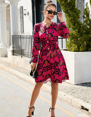 Paisley Printed V Neck Long Sleeve Ruffle Midi A-Line Dresses
