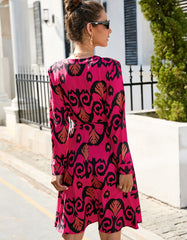 Paisley Printed V Neck Long Sleeve Ruffle Midi A-Line Dresses