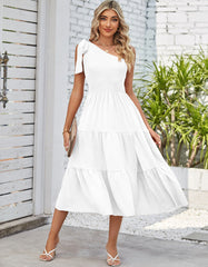 Plain One Shoulder Sleeveless Pleated Midi A-Line Dresses