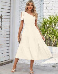 Plain One Shoulder Sleeveless Pleated Midi A-Line Dresses