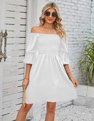 Plain Square Neck Puff Sleeve Pleated Backless A Line Dresses