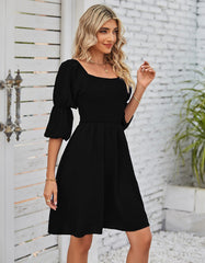 Plain Square Neck Puff Sleeve Pleated Backless A Line Dresses