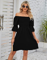 Plain Square Neck Puff Sleeve Pleated Backless A Line Dresses