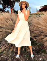 Plain Sleeveless V-Neck Midi Pleated A Line Dresses