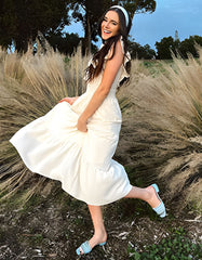 Plain Sleeveless V-Neck Midi Pleated A Line Dresses