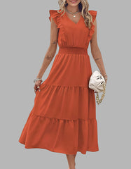 Plain Sleeveless V-Neck Midi Pleated A Line Dresses