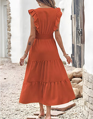 Plain Sleeveless V-Neck Midi Pleated A Line Dresses