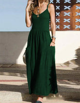 Plain Strap Pocket Pleated Long A Line Dresses