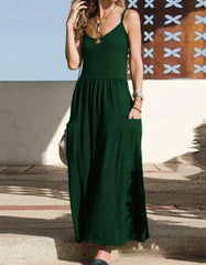 Plain Strap Pocket Pleated Long A Line Dresses