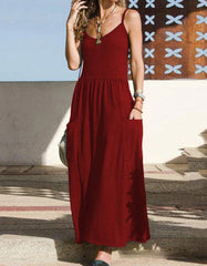 Plain Strap Pocket Pleated Long A Line Dresses