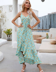 Disty Floral Strap Slits Belted Midi A-Line Dresses