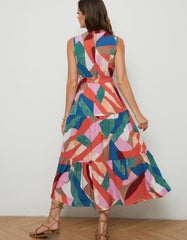 All Over Print Round Neck Belted Long A-Line Dresses