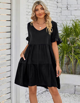 Solid-color Plain V Neck Short Sleeve Midi A-Line Dresses