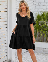 Plain Flounce Sleeve Pleated V Neck Midi Dresses
