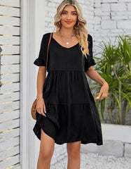Solid-color Plain V Neck Short Sleeve Midi A-Line Dresses
