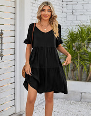 Plain Flounce Sleeve Pleated V Neck Midi Dresses