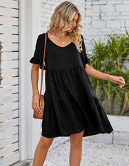 Plain Flounce Sleeve Pleated V Neck Midi Dresses