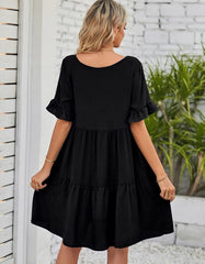 Solid-color Plain V Neck Short Sleeve Midi A-Line Dresses