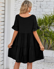 Plain Flounce Sleeve Pleated V Neck Midi Dresses