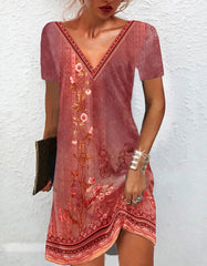 Ethnic Style Printed V Neck Mid A-Line Dresses