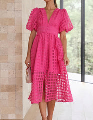 Solid-color V-neck Cut Out Midi A-Line Dresses