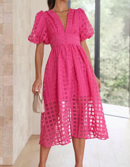 Solid-color V-neck Cut Out Midi A-Line Dresses