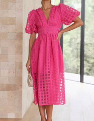 Solid-color V-neck Cut Out Midi A-Line Dresses