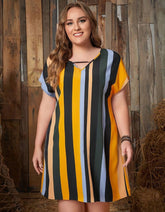 V Neck Plus Size Striped Loose Short Bat Sleeve A-Line Dresses