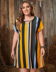 V Neck Plus Size Striped Loose Short Bat Sleeve A-Line Dresses