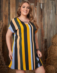 V Neck Plus Size Striped Loose Short Bat Sleeve A-Line Dresses