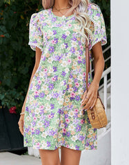 Polka Dot Floral Print Round Neck Short Sleeve Midi A-Line Dresses