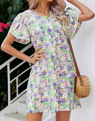 Polka Dot Floral Print Round Neck Short Sleeve Midi A-Line Dresses