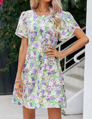 Polka Dot Floral Print Round Neck Short Sleeve Midi A-Line Dresses