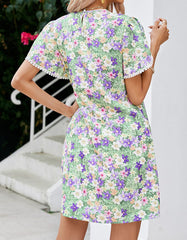 Polka Dot Floral Print Round Neck Short Sleeve Midi A-Line Dresses