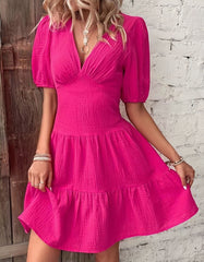 Plain Solid-color Slim Fit High Waist V-Neck Short A-Line Dresses