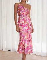 Floral Print Backless One Shoulder Strap Long A-Line Dresses